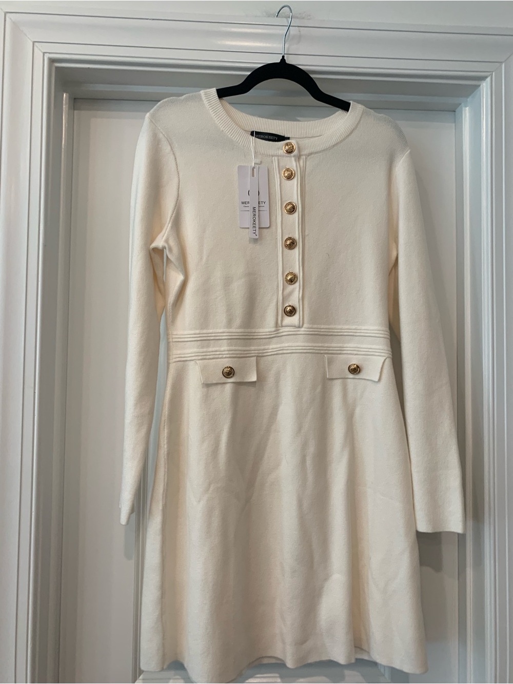 Merokeety Women's Cream Long-Sleeve Knit Dress with Gold Buttons M NWT